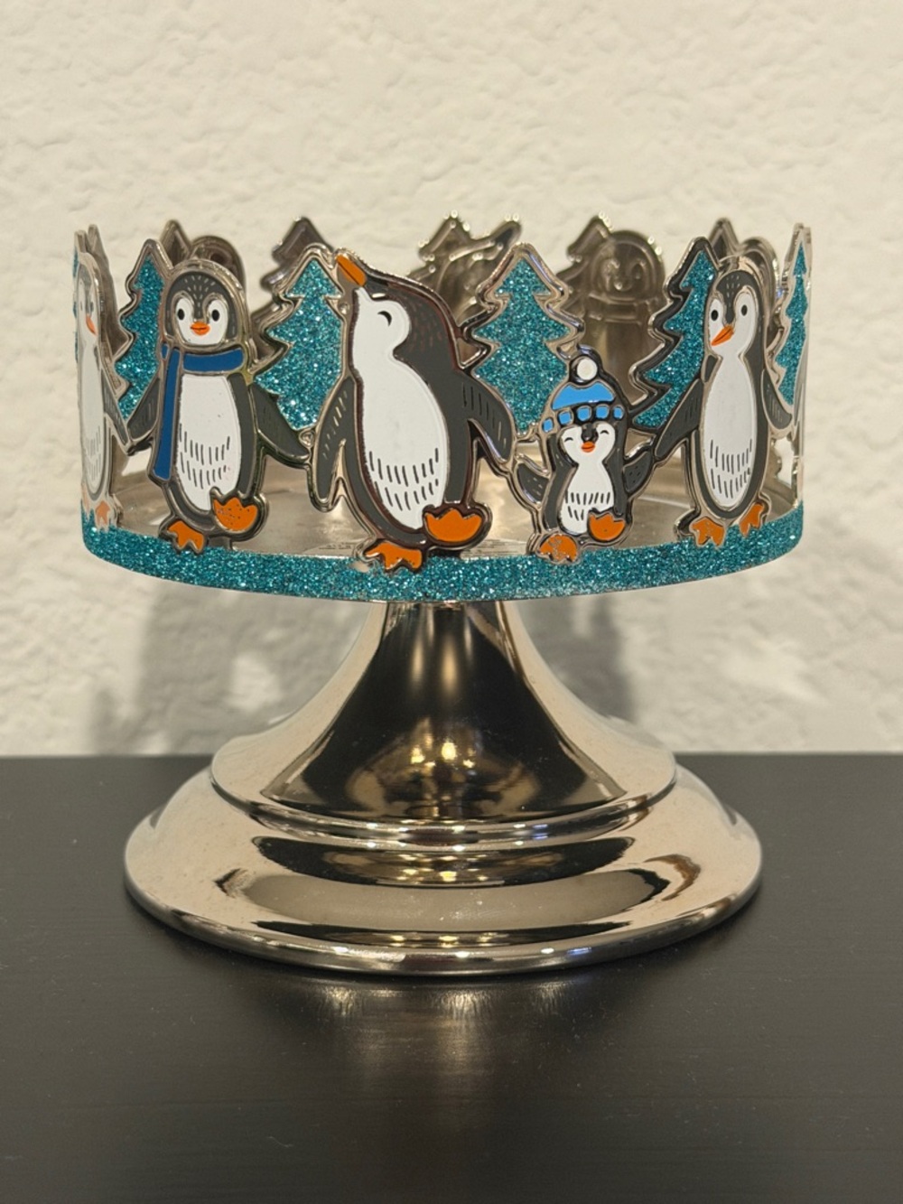 Bath & Body Works Blue Glitter Penguin & Trees Candle Holder